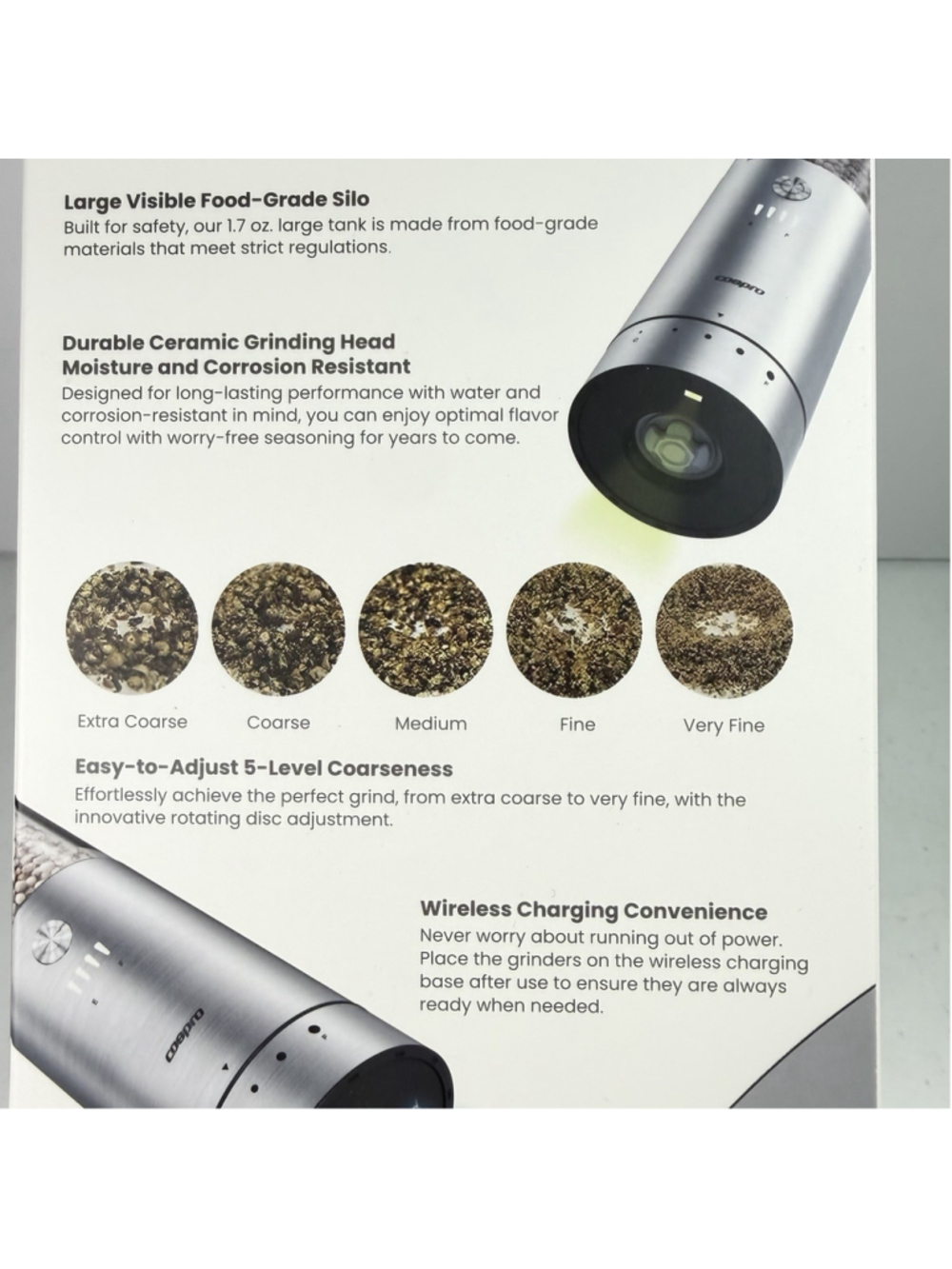 COSPRO Electric Salt & Pepper Grinder Set (3) Adjustable Coarseness NIB - Picture 4 of 5
